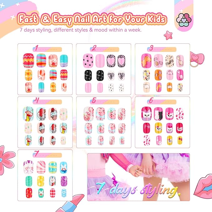 SAVILAND Press on Nails for Kids 7-day Styling: 168PCS Kids Press on Nails for Girls Colorful Patterns Full Cover Short Square Fake Nails False Nail Art Set Christmas Easter Gifts 8-12 Years Child