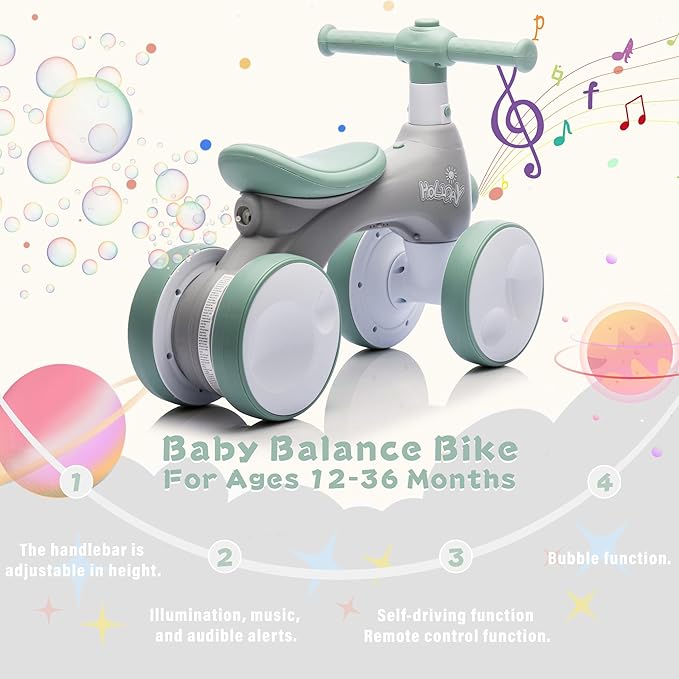 Baby Balance Bike 1 Year Old with Music, Lights, Bubble Machine, 4 Wheels Pedal-Less Toddler Ride on Toys for 12-36 Months Birthday Gift, Toddler boy Toys Ride on car (Green & Gray)