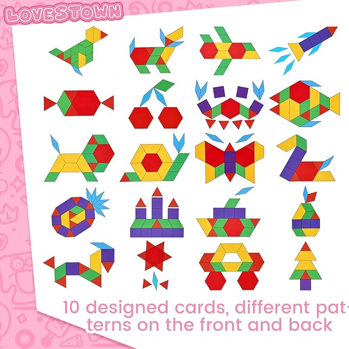 LovesTown Wooden Pattern Blocks Set for Kids, Geometric Shapes with Learning Cards, 150 PCS Educational Puzzle Toy