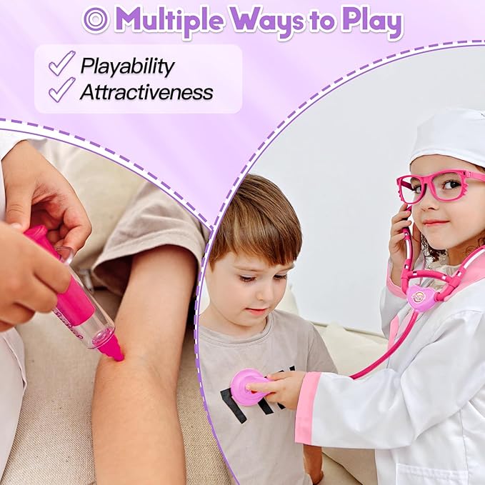Doctor Kit for Toddlers Aged 3 4 5, Medical Pretend Play Set for Kids with Bag and Costume, Doctor Cart Toy for Girls Boys Christmas Birthday Gift (Pink)