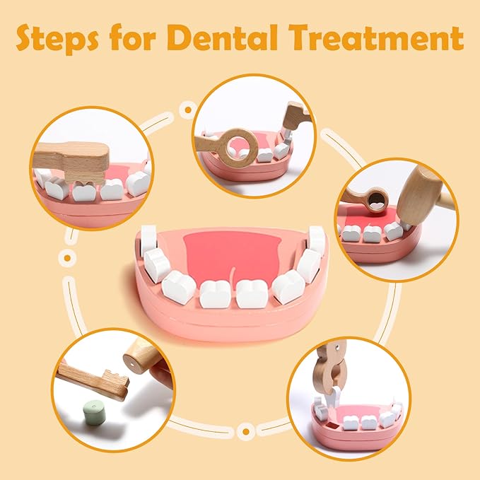 Wooden Doctor Kit for Kids, 19Pcs Pretend Play Dentist Toddlers Doctor Medical Toy Set with Stethoscope Syringe Thermometer Tooth Model and Carry Bag Montessori Role Play Gift for Boys Girls Ages 3+