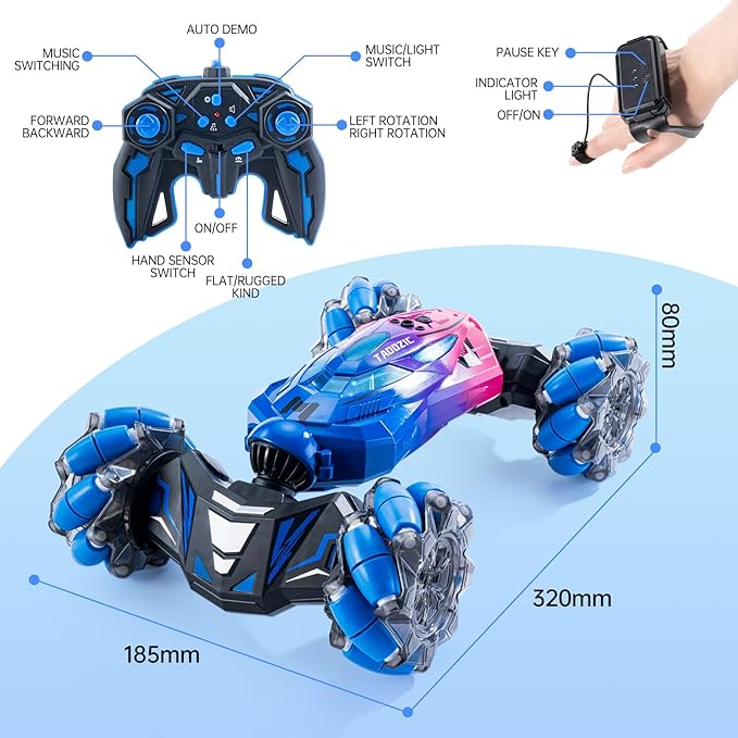 Gesture Sensing RC Stunt Car, 2.4GHz 4WD Stunt Car Toys for Ages 6-12 yr Boys Girls, Hand Controlled Remote Control Twist Cars, Offroad 360° Rotation with Lights and Music for Birthday Gifts