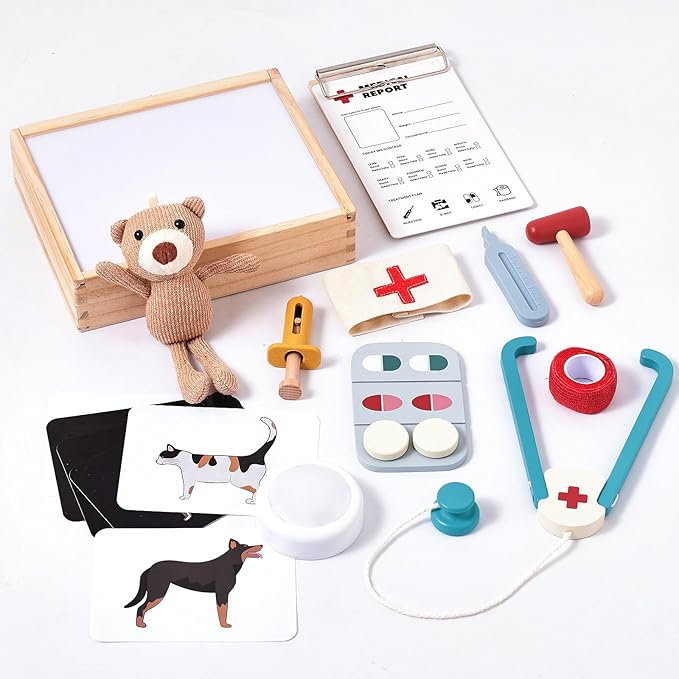 Doctor Kit for Toddlers 3-5, Pet Vet Pretend Play Toys for Kids, with X-Ray, Wooden Light Box, Medical Tools, STEM Educational Montessori Toys