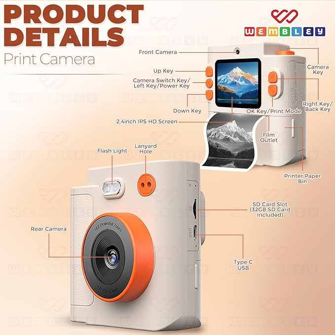 Wembley Kids Instant Print Camera with Dual Lens, 48MP, 1080P HD, 2.4" IPS Screen, 16X Zoom, 32GB SD Card, Thermal Printing, 6 Pens, 4 Rolls, USB Type-C, for Girls & Boys- Cream