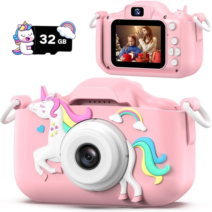 Dwfit Upgrade Selfie Kids Camera, Christmas Birthday Gifts for Boys Girls Age 3-12, HD Kids Digital Video Cameras for Toddler with Cartoon Soft Silicone Cover, Portable Toy for 3 4 5 6 7 8 Years Old