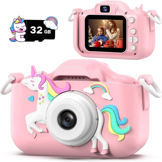 Dwfit Upgrade Selfie Kids Camera, Christmas Birthday Gifts for Boys Girls Age 3-12, HD Kids Digital Video Cameras for Toddler with Cartoon Soft Silicone Cover, Portable Toy for 3 4 5 6 7 8 Years Old