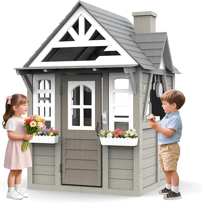 Kids Outdoor Playhouse,Cedar Gray Wooden Play House for Kids Ages 3-8, with Play Kitchen, Interactive Doorbell, Toy Phone, Sink, Flowerpot