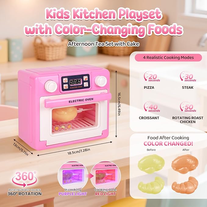 Play Kitchen for Toddlers Toy Oven, Pink Easy Bake Oven for Girls, Kids Kitchen Playset with Color-Changing Foods, Kids Microwave Toys Pretend Toddler Cooking Gifts for Girls Boys