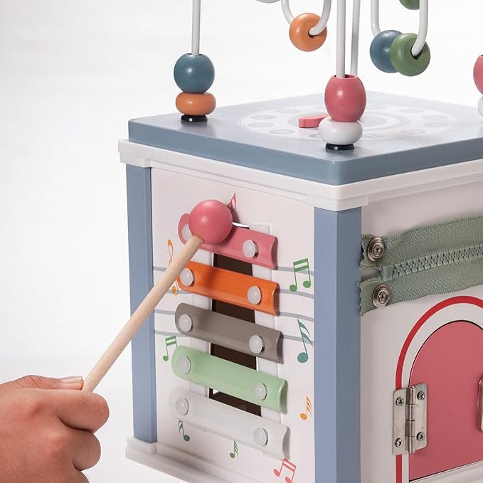 Donmills Wooden Activity Cube Toddler Montessori Toys, Baby Activity Cube with Bead Maze, Shape Sorter Toy, Bonus Sorting & Stacking Board, Learning & Education Toys Birthday Gift for Boys and Girls