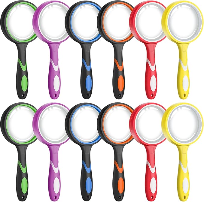 Leffis 12 Pack Magnifying Glass, 50mm 10X Multicolour Magnifying Glasses Lens Reading Magnifier for Kids and Seniors, Non-Slip Handheld Magnifying Glass for Close Work, Nature Exploration