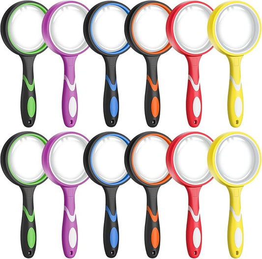 Leffis 12 Pack Magnifying Glass, 50mm 10X Multicolour Magnifying Glasses Lens Reading Magnifier for Kids and Seniors, Non-Slip Handheld Magnifying Glass for Close Work, Nature Exploration