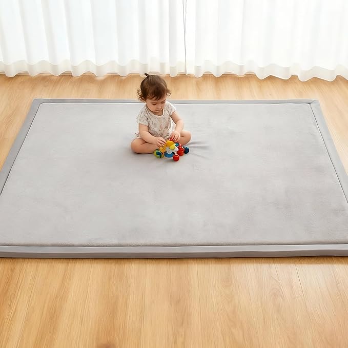 Baby Play Mat for Floor, 71'' x 59'' Thicken Foam Soft Padded Playmat for Tummy Time, Playpen Mat for Toddlers, Water-Repellent Coral Velvet, Non-slip Bottom Safe for Crawling (Light Grey)