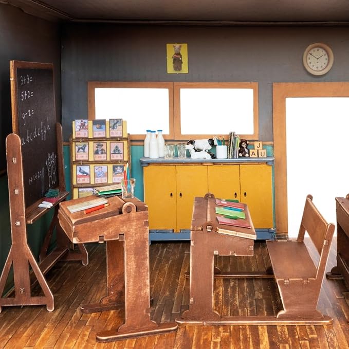 Classroom Dollhouse Craft Kit – Easy to Build & Paint School Room | Cardboard Room + 6 Wooden Pieces + Decoration Sheets | 1:12 Scale | Sam & Julia's Mouse Mansion