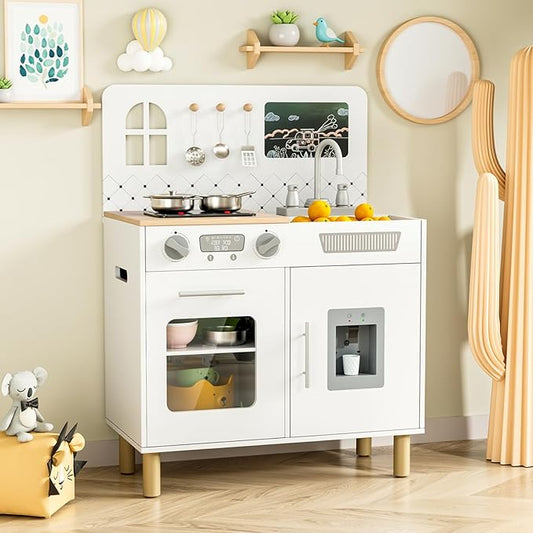 MAMIZO Play Kitchen for Kids, Pretend Playset with Blackboard & Realistic Lights & Sounds, Ultimate Interactive Wooden Kitchen with Knob Sounds, Sink, Water Dispenser, 6 Pcs Cookware for Ages 3+,White