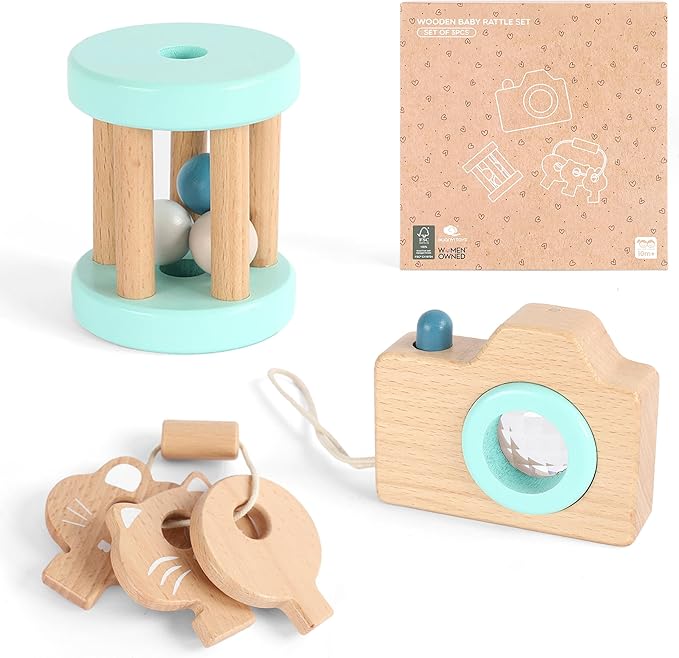 FReniland Wooden Montessori Toys, 3-Piece Wooden Baby Toys, Rotating Drum Toy, Camera Kaleidoscope Toys, Baby Key Rattles,Newborn Baby Gift Sets for Boys and Girls