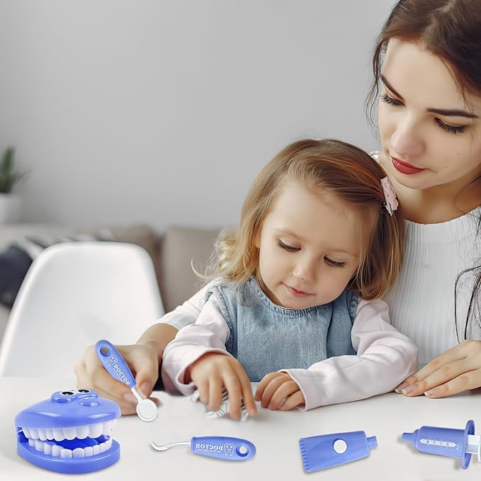 9-Piece Dental Pretend Play Set, Educational Dentist Play Kit with Teeth Model, Toothbrush, Dental Mirror, Syringe, Toothpaste, Tray, and Dental Tools, Fun Pretend Play Doctor Kit for Kids (Purple)