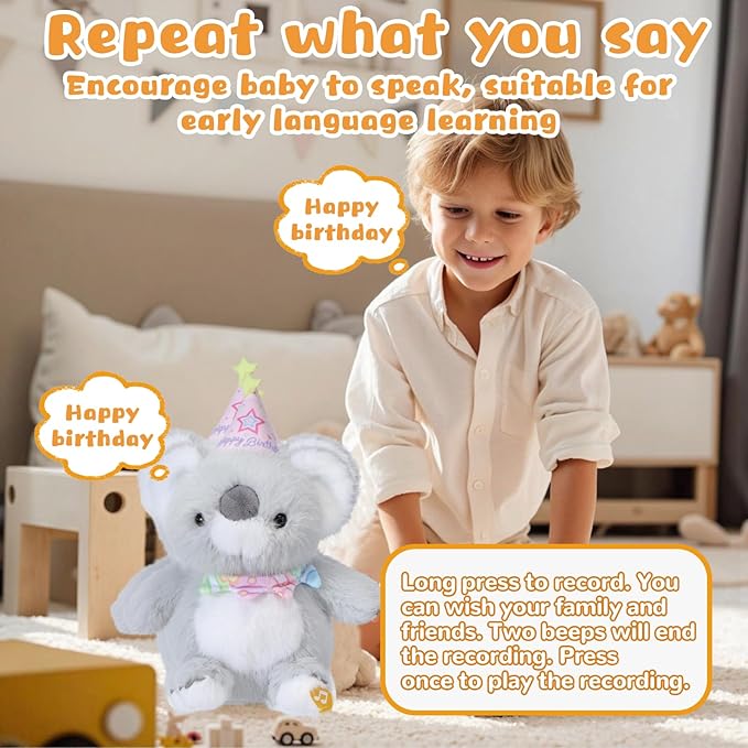 Happy Birthday Interactive Koala, Musical Birthday Stuffed Animal Recording Mimicking Toy, Clapping Activates Singing Dancing Shaking, Cute Koala Plush Gifts for Kids Girls Boys