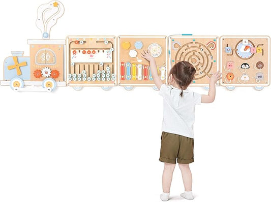 Train Activity Wall Busy Board, Wooden Montessori Sensory Toys, 12-in-1 Learning Activity Center for Playroom,Daycare, Nursery, Classroom, Educational Toys for Toddler