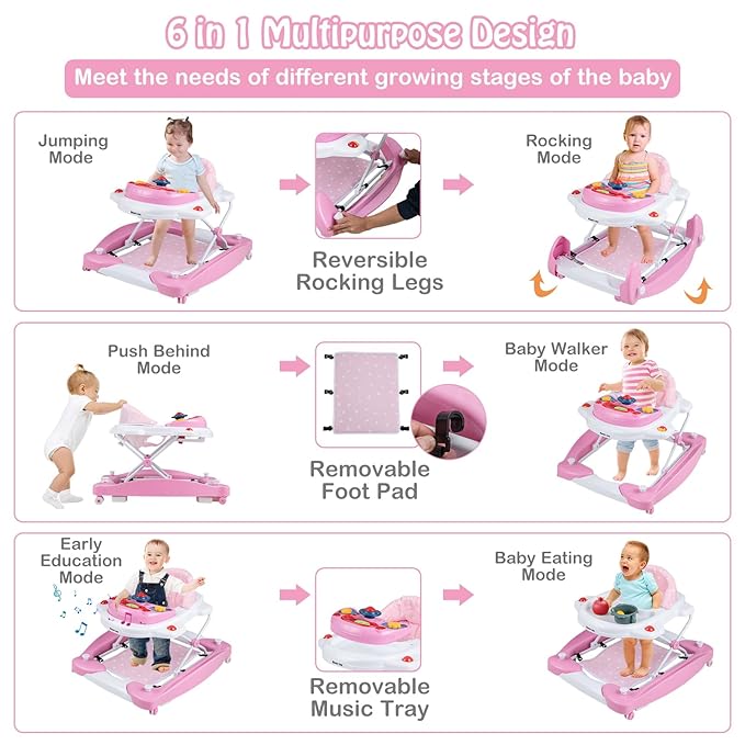 HONEY JOY Baby Walker, 6-in-1 Foldable Baby Walker and Bouncer Combo, Infant Activity Walker with Wheels, Adjustable Heights, Rocker, Music, Lights, Walker for Baby Boy Girl 7-14 Months