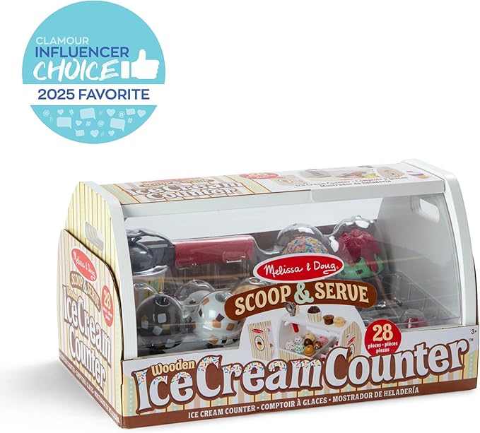 Melissa & Doug Wooden Scoop & Serve Ice Cream Counter, Pretend Play Store, 28 Toy Food & Play Kitchen Accessories, Preschool Toys for Girls & Boys 3+