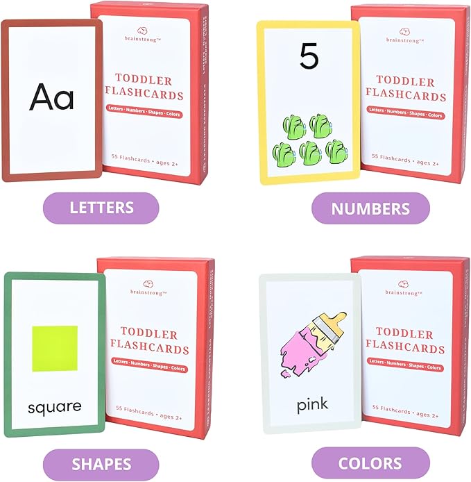 Toddler Essential Flashcards | Letters, Numbers, Shapes, & Colors | Ages 2-5 | Supports Preschool & Kindergarten Curriculum | Brainstrong Premium 50 Flash Cards