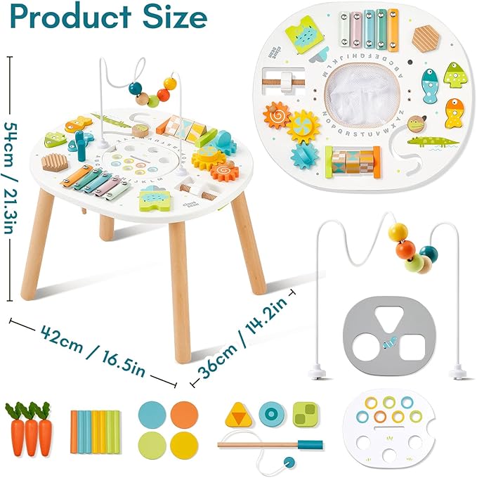 Giant bean® Wooden Activity Table for 1 Year Old, 11-in-1 Montessori Learning Table with Bead Maze, Shape Sorter, Fishing Game & More – Sensory Development Toy for Toddlers, Ideal 1st Birthday Gift