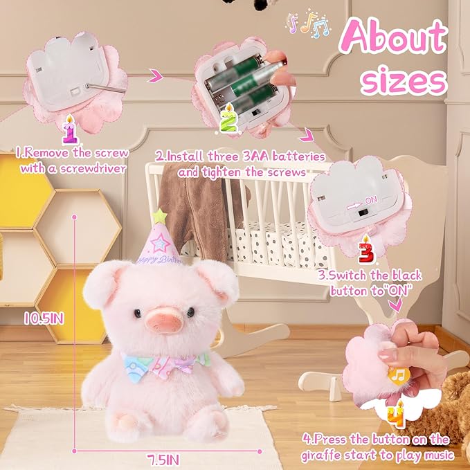 Birthday Piglet Plush Toy Clap Activated with Voice Recording Singing Dancing Interactive Stuffed Animal Gift for Toddler Kids Boys Girls