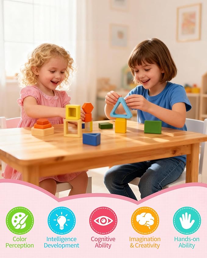 Montessori Toys for 1 2 3 Year Old, Wooden Stacking & Sorting Toy with Geometric Shapes, Educational Learning Toys and Birthday Gifts for Toddlers Boys Girls 1-3