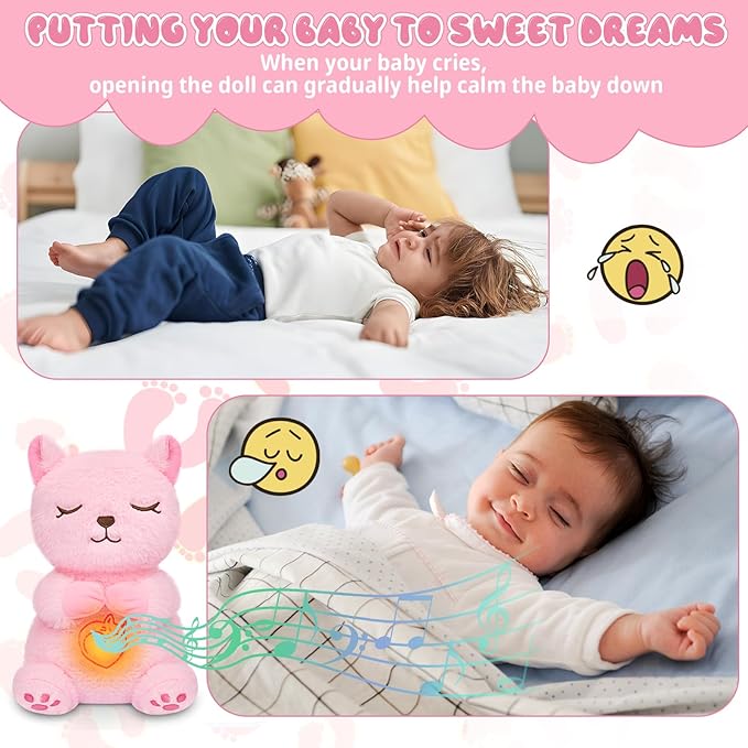 Breathing Stuffed Animal, Pink Cat Plush Baby Toy, Soothing Sound Machine with Music Lights & Breathing Motion for Kids Boys Girls