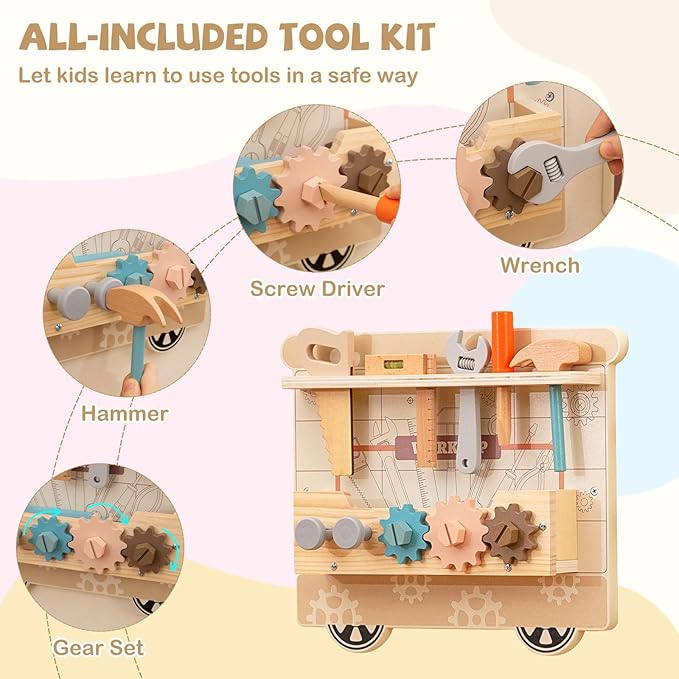 Costzon Train Activity Wall Busy Board, Sensory Wall Panel for Kids w/ Vanity, Tool Box, Play Kitchen, Doctor Kit & Snack Bar, Toddler Montessori Learning Toy for Playroom, Daycare, Nursery, Classroom