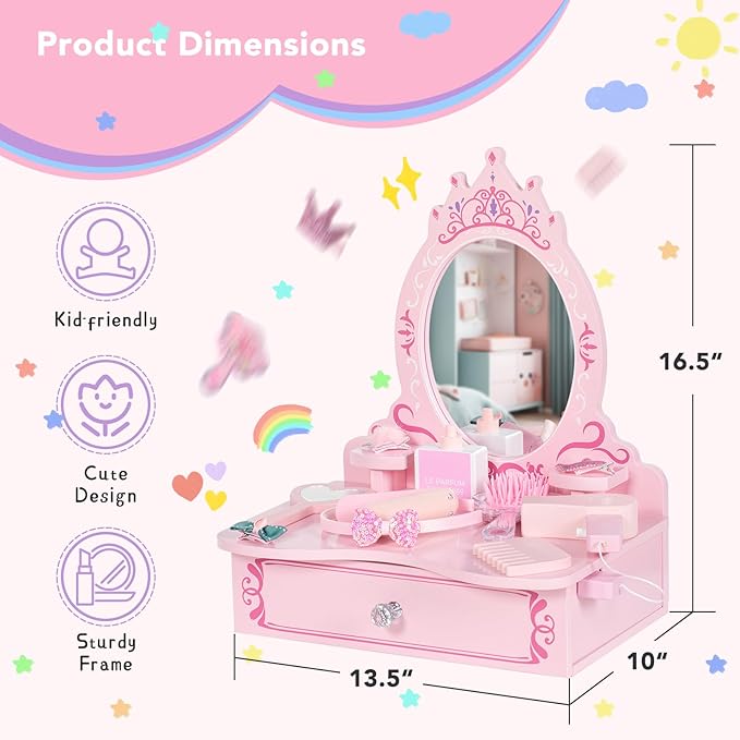 Wooden Vanity Set for Kids, Toddler Tabletop Beauty Salon Play Set w/Accessories & Drawer, Princess Makeup Pretend Play Vanity Table Toy with Crown Shaped Mirror for Little Girls Age 3-8