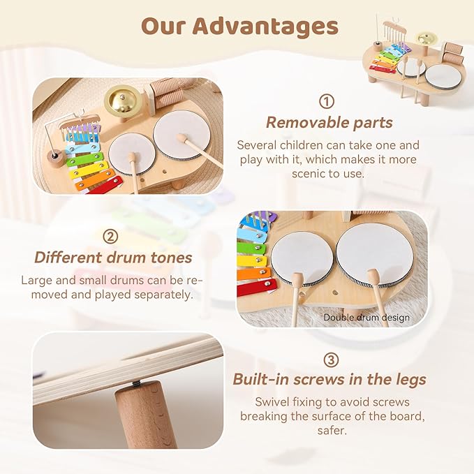 Promise Babe Wooden Drum Set for Toddlers 1-3, Musical Percussion Instruments for Kids Baby Drum Set Xylophone, Montessori Educational Musical Toys, for Girls Boys Ages 3+