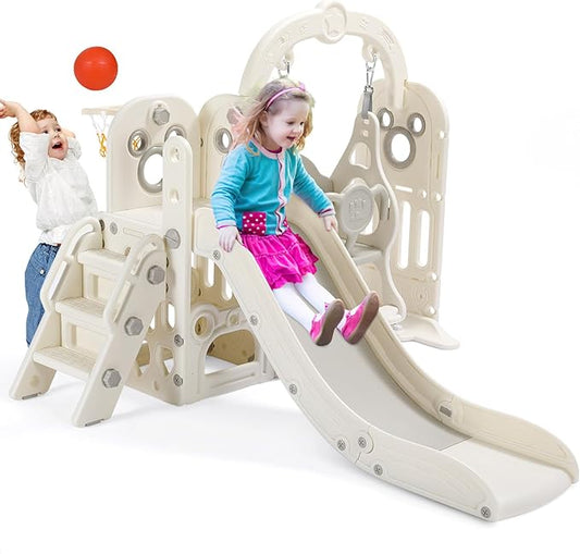 Arlopu 7 in 1 Toddler Slide and Swing Set, Kids Climber Playset with Ball & Hoop, Telescope, Suction Cup Reinforced Base, Baby Indoor Outdoor Playground (White)