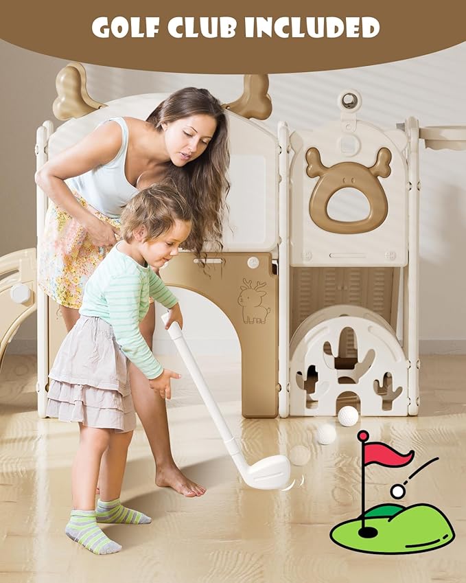 YUFU 12 in 1 Kids Slide for Toddlers, Toddler Slide Playset with Golf, Drawing Board, Climber, Basketball Hoop and Storage Space, Indoor Outdoor Toddler Playground for Kids Age 1-3 (Brown)