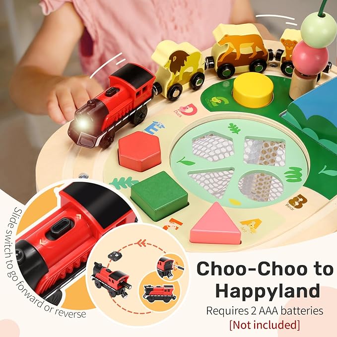 wingyz Activity Table for 1 Year Old Toddler, 9-in-1 Multi-Colorful Wooden Montessori Toys, Baby Play Table with Bead Maze Shape Sorter Train Toy, Educational Gifts for Kids Boys Girls