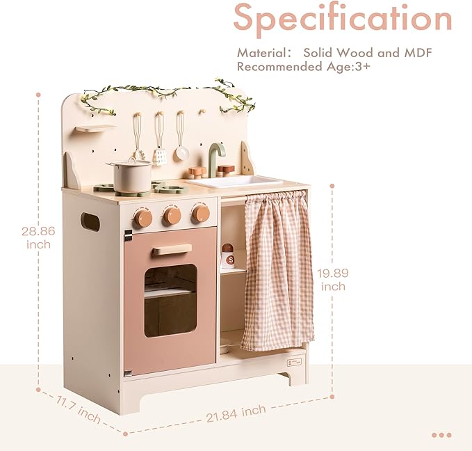 ROBOTIME Kids Play Kitchen Set - Rustic Wooden Kitchen Sets, Pretend Play Kitchen with Leaf Light String, Apron, and Groves, for Toddlers 3+ (Rustic Style)