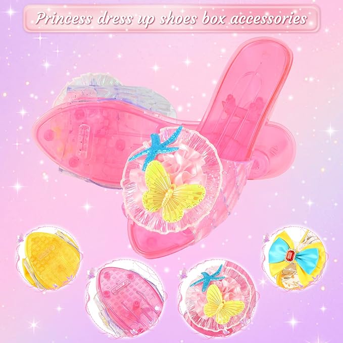 Princess Dress Up Shoes Set Girls Role Play Shoes Toddler Pretend Jewelry Toys Set Gift Set 2 Pairs of Shoes Kit Collection of Tiara Crown Earrings Necklace Rings for Girls Aged 3-6 Years Old
