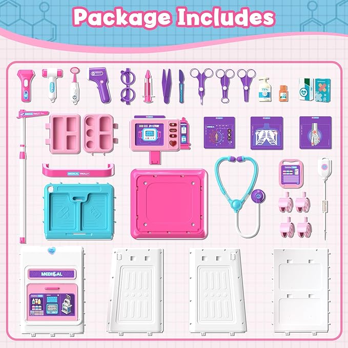 Lehoo Castle Doctor Kit for Toddlers 3-5 Pink, Gifts for Girls 2-4 Years Old, Kids Doctors Play Set, Mobile Cart with Lights and Sound, Toys for Girls 3+ 4 5 Years Old, Christmas