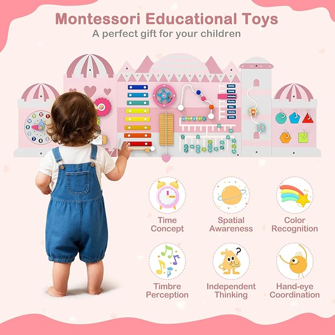 HONEY JOY Castle Activity Wall Busy Board Panels, 11-in-1 Wooden Sensory Wall Panel for Kids, Toddler Learning Activity Center, Ideal for Playroom Daycare Nursery Classroom Dentist Office (Pink)