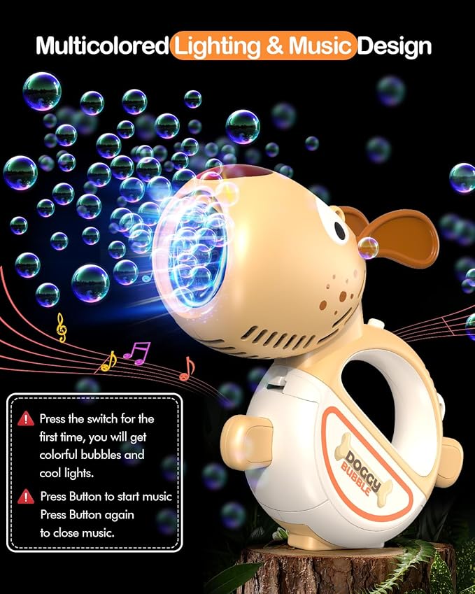 Rechargeable Bubble Gun for Kids, Portable 360°Leak Proof Puppy Bubble Machine Gun for Kids Toddles 1-3 4-8 Parties with Lights Music Auto Bubble Blower Gift for Boys Girls and Pet Brithday
