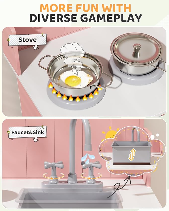 MAMIZO Play Kitchen for Toddlers, Wooden Kids Toy Kitchen Playset with Smart Storage, Ultimate Interactive, Simulated Gas Cooker, Sink & Faucet, 6 Pcs Cookware & Educational Clock (Pink)