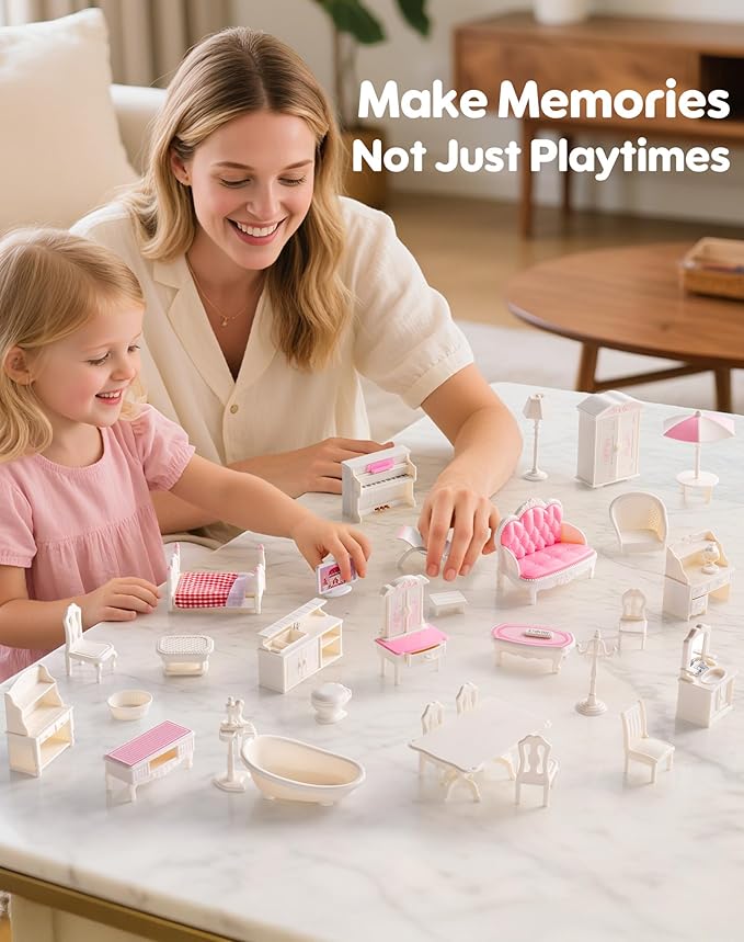 ROBOTIME 28PCS Dollhouse Furniture and Accessories Set, 1:12 Scale Doll House Mini Furniture Playset with Bedroom, Living Room, Bathroom Accessories, Pretend Play Furniture Toys Gift for Kids Girls
