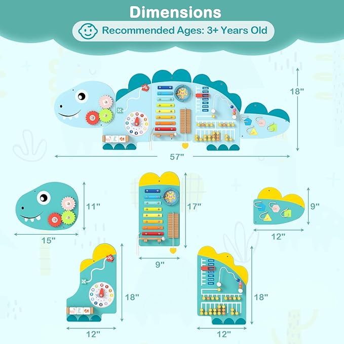 HONEY JOY Dinosaur Activity Wall Busy Board Panels, 11-in-1 Wooden Sensory Wall Panel for Kids, Toddler Learning Activity Center, Ideal for Playroom Daycare Nursery Classroom Dentist Office (Green)