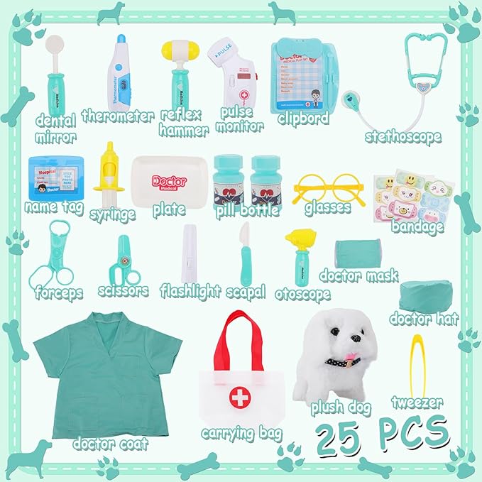 TEUVO Toy Doctor Kit for Girls - Pretend Play Doctor Set with Dog Toy, Carrying Bag & Stethoscope & Dress Up Costume - Toys Doctor Play Gift for Kids Toddlers Ages 1 2 3 4 5 6 7 Year Old for Role Play