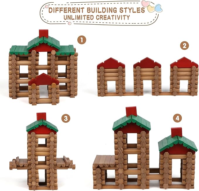 Wondertoys 208 Pcs Wooden Log Set - Classic Building Logs Ages 3+ - Best Retro Building Gift Set for Boys - Creative Construction Engineering Educational Gifts