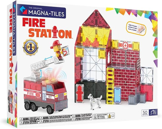 MAGNA-TILES Fire Station 50-Piece Magnetic Construction Set, The Original Magnetic Building Brand