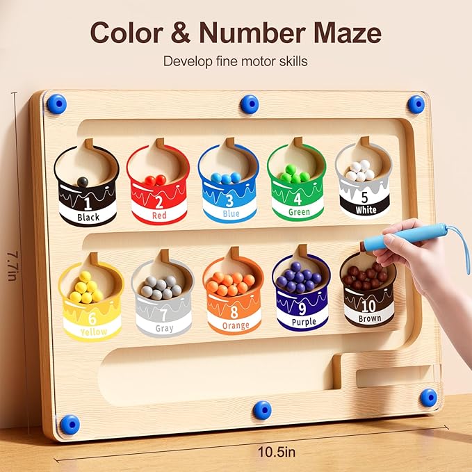 Magnetic Color and Number Maze-Montessori Toys for 3 4 5 Year Old, Educational Wooden Puzzle Board for Preschool Learning, Fine Motor Skills Toy for Toddler, Counting Matching Games for Boys Girls