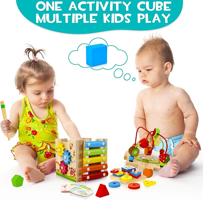 8-in-1 Wooden Activity Cube for Kids, Sorting & Stacking Toys Shape Match Xylophone Montessori Learning Toy STEM Value Pack Gift for Boys Girls Toddlers-Light Pink Packaging