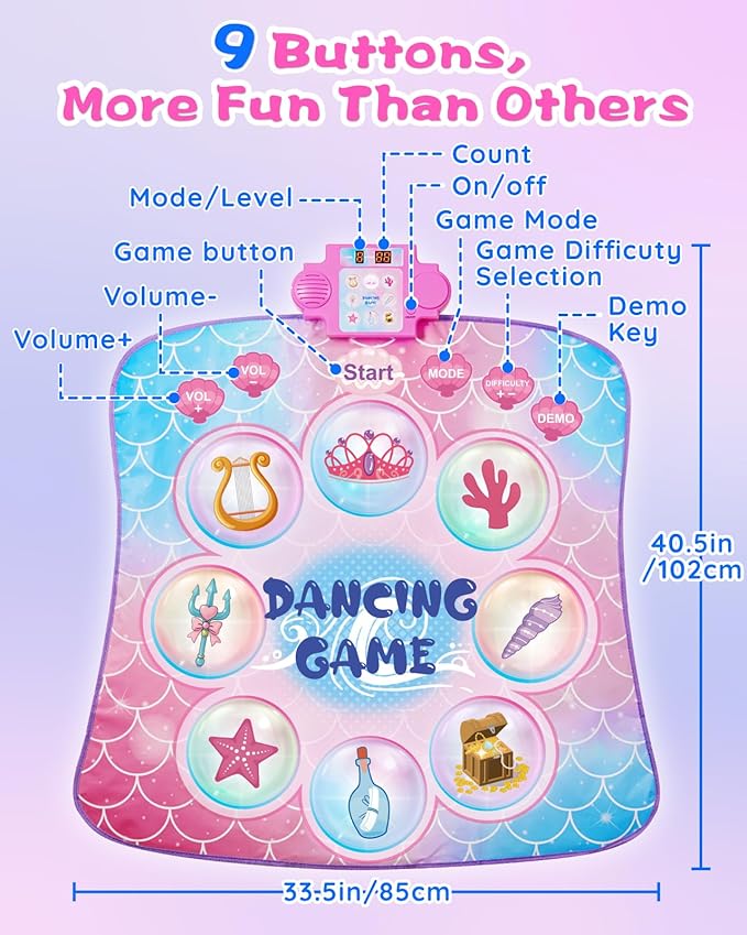 Dance Mat for Kids 3-12 Year Old Girls: 2025 Exclusive Mermaid Dance Mat Toy, 9-Button Light Up Board, 3 Game Modes 9 Levels Dance Pad, Music Princess Toys Birthday Xmas Gifts for 3-12 Girls