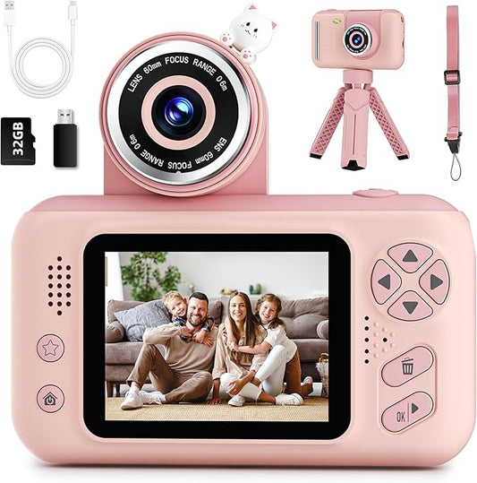 Upgrade Kids Selfie Camera,Chritmas Birthday Gift for 3-9 Years Old Girls,Portable Toy for 3 4 5 6 7 8 9 Year Children,Toddler 1080HD Digital Video Camcorder Camera with 32G SD Card Pink